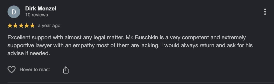 Google review for Buschkin Law